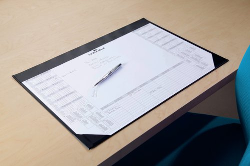 Durable black desk mat with paper inlay (25 sheets) which is perfect for making notes whilst on the phone. The paper inlay has a 2 year calendar printed onto it which includes international bank holidays and a weekly schedule. Measuring W590 x H420mm, the desk mat provides a comfortable surface to write on.