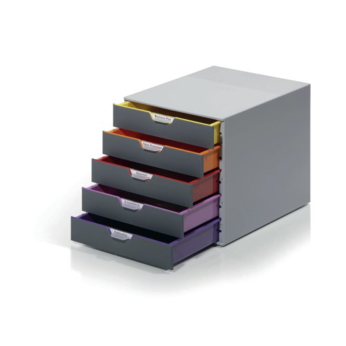 Stylish drawer box with five colourful drawers made from premium quality plastic. Each drawer is a different colour making it easy to organise documentation. The drawers open smoothly and include drawer stops. Featuring transparent labelling windows and EDP-printable label inserts which are and easy to exchange. These stackable sets include plastic feet to prevent skidding. Suitable for holding A4, C4, folio and letter size formats, the drawer unit measures W292 x D356 x H280mm.