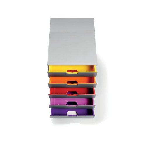 Stylish drawer box with five colourful drawers made from premium quality plastic. Each drawer is a different colour making it easy to organise documentation. The drawers open smoothly and include drawer stops. Featuring transparent labelling windows and EDP-printable label inserts which are and easy to exchange. These stackable sets include plastic feet to prevent skidding. Suitable for holding A4, C4, folio and letter size formats, the drawer unit measures W292 x D356 x H280mm.
