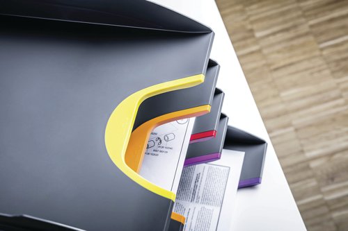 Elegant letter trays in anthracite grey with coloured gripping areas for easy orientation and handling. Made from high quality, recycled plastic. The stylish design makes them perfect for any modern workplace. Suitable for holding documentation up to C4, folio and letter sizes. Trays can be stacked vertically or staggered to assist access. Supplied in a pack of 5.