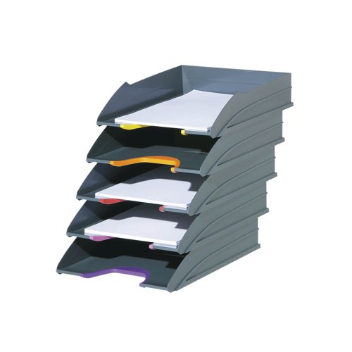 Elegant letter trays in anthracite grey with coloured gripping areas for easy orientation and handling. Made from high quality, recycled plastic. The stylish design makes them perfect for any modern workplace. Suitable for holding documentation up to C4, folio and letter sizes. Trays can be stacked vertically or staggered to assist access. Supplied in a pack of 5.