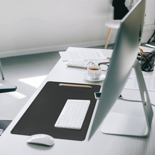 The Durable non-slip desk mat with contoured edges is multi-layered which provides durability and a firm and comfortable writing surface. Measuring W530 x D400mm, the black mat is extremely robust and built to last.