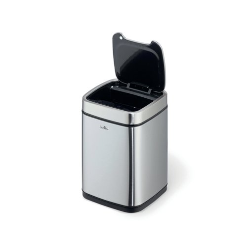 The Durable Sensor 6 litre waste bin is made from stainless steel with a fingerprint proof coating perfect for any workplace or home environment. The bin opens and closes automatically thanks to sensor technology for contact-free waste disposal. The bin can also be operated manually if required via buttons on the lid. This bin also comes with a removable inner container with carry handle for easy cleaning and disposing of waste. A waste bag can be fixed using the fixing ring to keep it securely in place. It also has a non-slip base and square shape for space-saving placement. Requires 4AA or AAA batteries (Not included).