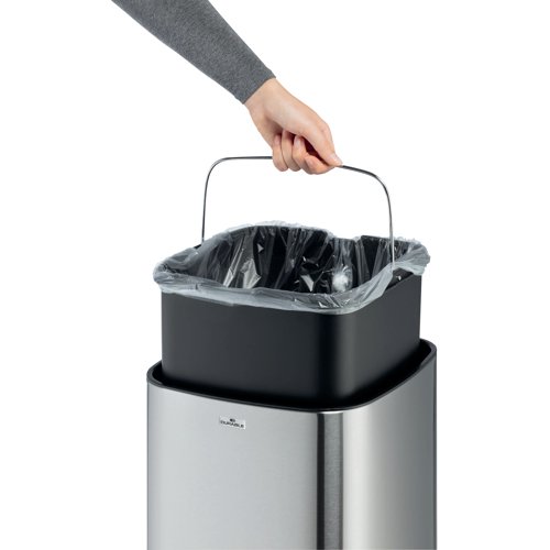 The Durable Sensor 35 litre waste bin is made from stainless steel with a fingerprint proof coating perfect for any workplace or home environment. The bin opens and closes automatically thanks to sensor technology for contact-free waste disposal. The bin can also be operated manually if required via buttons on the lid. This bin also comes with a removable inner container with carry handle for easy cleaning and disposing of waste. A waste bag can be fixed using the fixing ring to keep it securely in place. It also has a non-slip base and square shape for space-saving placement. Requires 4AA or AAA batteries (Not included).
