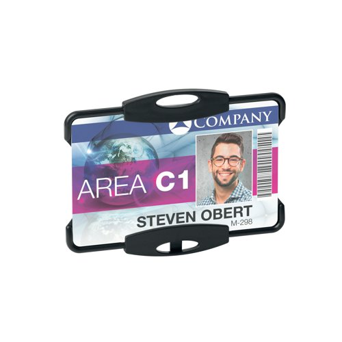 This black card holder made from recycled plastic can be combined with a chain, textile necklace or badge reel in both landscape or portrait format. For use with one ID card, this open card holder is reusable, making it an environmentally friendly choice. Supplied in a pack of 10.