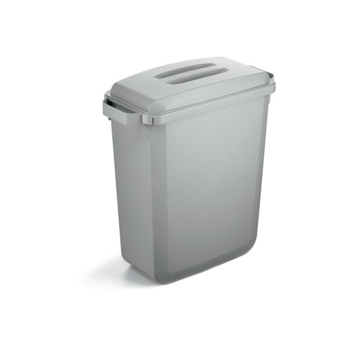 Durable Durabin Eco Rectangular Waste Bin is made from eco-friendly materials with robust carry handles for easy transportation and a clamp for the waste bags to keep them in place. Ideal for waste-disposal and recycling. Perfect for use in warehouses, offices, cafes, canteens, schools, etc. Made of recycled Blue Angel certified plastics.
