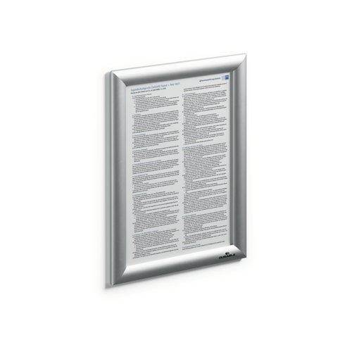 With a display area of A4, this Durable wall mounted frame is ideal for the display of posters, signs and information. Featuring mitred corners, the frame is made from lightweight aluminium and can be mounted either horizontally or vertically. Content change is simple, with the easy frame opening and the polystyrene back panel keeps the contents secure. Complete with fixings, this pack contains one silver coloured frame.