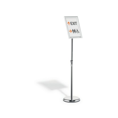 The Durable Infostand is a versatile information stand which quickly assembled with a non-scratch round base which is fillable to offer stability. The folding snap frame can be rotated from portrait to landscape format with an adjustable reading angle and content change is quick and easy. With a display area of A4, this durable floor stand is ideal for restaurants, retail, museums, exhibitions and more.