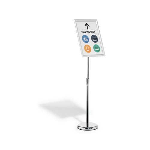 The Durable Infostand is a versatile information stand which quickly assembled with a non-scratch round base which is fillable to offer stability. The folding snap frame can be rotated from portrait to landscape format with an adjustable reading angle and content change is quick and easy. With a display area of A3, this durable floor stand is ideal for restaurants, retail, museums, exhibitions and more.