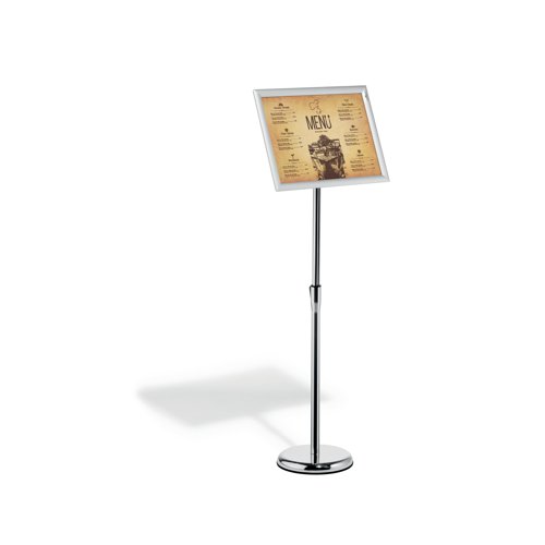 The Durable Infostand is a versatile information stand which quickly assembled with a non-scratch round base which is fillable to offer stability. The folding snap frame can be rotated from portrait to landscape format with an adjustable reading angle and content change is quick and easy. With a display area of A3, this durable floor stand is ideal for restaurants, retail, museums, exhibitions and more.