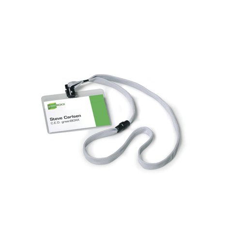 The Durable transparent hard PVC name badge and textile lanyard with safety release. The safety release opens if the lanyard becomes trapped or caught. The badge pocket is open at the top for the easy removal of insert without the need to remove the lanyard. Includes blank insert cards. Dimensions: 60 x 90mm.