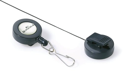 The Durable Badge Reel with spring snap hook fastener is for use with all DURABLE name badges with punched holes for a clip. The badge also has a crocodile clip on the reverse for attaching to clothing. The badge reel cord has a length of 85cm. Perfect for use with security pass holders or ID access cards in workplaces with high levels of security. The keyring has a diameter of 25mm.