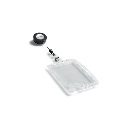 Durable Dual Security is a transparent security pass holder with badge reel for holding 2 cards. Complete with an integrated thumb slot that allows for easy removal of passes. Can be used in either portrait or landscape formats. The badge reel supplied has an 80cm retractable cord that can be securely attached to clothing.