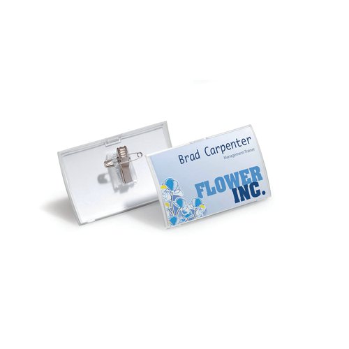The Durable Click Fold Name Badge with combi clip is made from transparent polypropylene. The combi clip has both a pin and clip fastener for multi-functional use. The front and back are joined by a flexible hinge which enables quick and simple replacement of badge inserts. Includes blank insert sheets measuring 54x90mm.