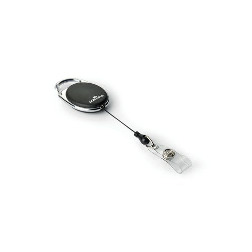 The Durable Badge Reel in a stylish oval design with a metal plated finish and metal clip on the side. Provides quick and easy access to security passes and name badges, keeping security badges safe. Can be used with Durable name badges with punched hole for a clip. The reel has a metal clip on the side for attaching to clothes. The badge reel length is 850mm.