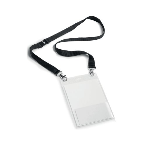 The Durable transparent name badge in A6 portrait format with textile lanyard. The black lanyard is 20mm thick and has a safety release should the lanyard get trapped or caught. Also includes an integrated business card holder. Inserts can be easily replaced or removed via the opening at the top.