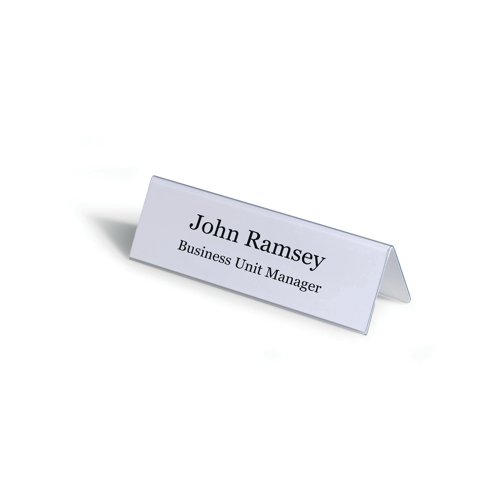 DB81055 | Durable Table Place Name Holders that are perfect for conferences, seminars, reception desks, etc. Information can be read from both sides making them ideal for pricing, product descriptions, name tags, etc. Inserts can be quickly and easily removed and replaced. Dimensions: 61 x 210mm.