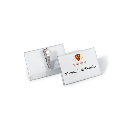 Durable Name Badge is a glass clear transparent plastic name badge with crocodile clip for quick and easy fastening. The crocodile clip will attach to clothing without causing any damage. The badge is made of hard PVC for a robust finish. Blank insert cards are also included. Size: 54x90mm.
