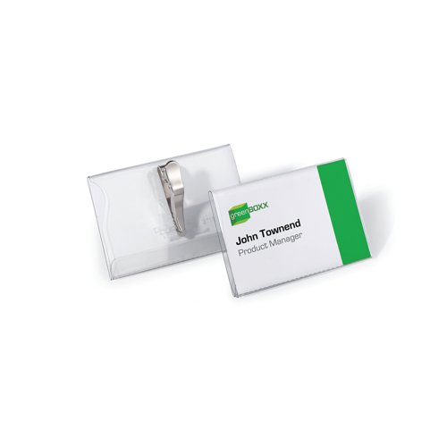 Durable Name Badge is a glass clear transparent plastic name badge with crocodile clip for quick and easy fastening. The crocodile clip will attach to clothing without causing any damage. The badge is made of hard PVC for a robust finish. Blank insert cards are also included. Size: 54x90mm.