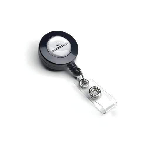 The Durable Badge Reel Fastener in charcoal for use with all DURABLE name badges with punched holes for a clip. The badge also has a crocodile clip on the reverse for attaching to clothing. The badge reel cord has a length of 85cm. Perfect for use with security pass holders or ID access cards in workplaces with high levels of security. The keyring has a diameter of 25mm.