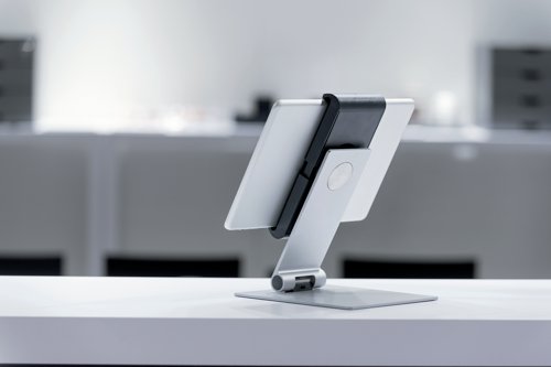 This modern and stylish table top tablet holder in Silver securely holds tablets from 7 to 13 inches and includes an anti-theft system to prevent unauthorised removal of the tablet. The clamp holds the tablet in place and rotates 360 degrees for use in both portrait and landscape format. Featuring a tilt angle range of 0 to 88 degrees for complete flexibility, it is ideal for use in hotels, exhibitions, trade fairs, restaurants, offices and more. Dimensions (WxDxH): 155x183x242mm.