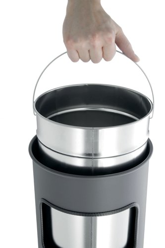 The Durable waste bin is a functional 17 litre metal waste bin with a 2 litre ashtray. The bin has a removable inner container and ashtray for easy cleaning and safe waste disposal. The bin includes wire insert and 1.5kg of silver sand for ashtray use. Ideal for designated smoking areas and at entrances. Dimensions: Removable Ashtray (Height x Diameter): 60 x 240 mm. Dimensions Paper Opening (HxW): 125 x 190 mm. Dimensions Inner Container (Height x Diameter): 380 x 220 mm. Product Dimensions (Height x Diameter): 620 x 260 mm.