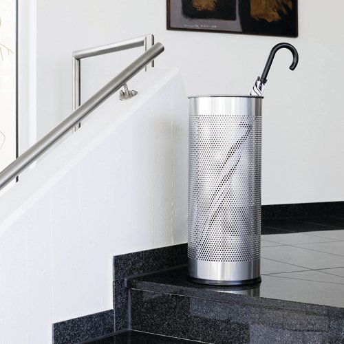 The Durable umbrella stand is ideal for entrance areas, offices and stores. Manufactured from steel with an epoxy enamel the ultra hard finish ensures durability. The 28.5 litre capacity has space for multiple umbrellas. The perforated finish around the metal stand is not only decorative but allows additional airflow for drying the umbrellas.