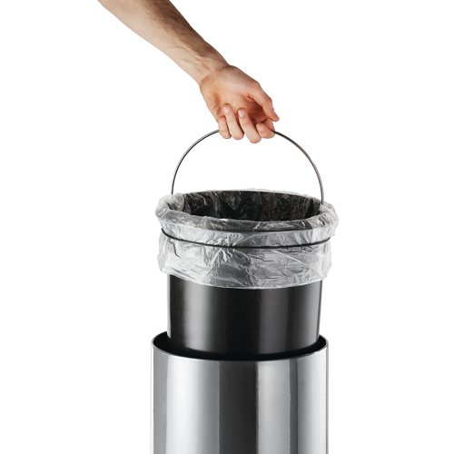 This practical and stylish 30 litre bin has a pedal operation for hygienic hands-free use. Ideal for washrooms, small kitchens and canteens, or for individual use. The bin is made of stainless steel with a fingerprint proof coating. This bin also comes with a removable inner container with carry handle for easy cleaning and disposing of waste. A waste bag can be fixed using the rubber ring. The lid is easy to open thanks to the foot pedal and has a silent closing hinge built in. The bin has a plastic base surround to provide stability and to protect against corrosion.