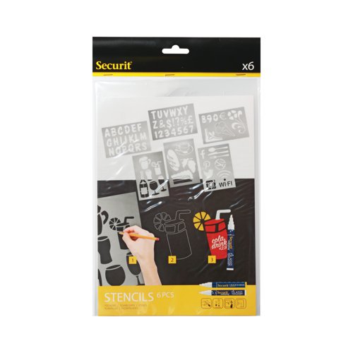Save time and easily create professional displays with the Securit Liquid Chalk Marker Stencil Set. Simply place the stencil on a surface, trace the design with a pencil and follow the lines using our Securit Chalk Markers. The set contains six different stencil sheets with letters, numbers and shapes.