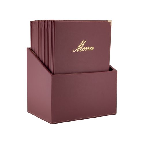 DF24522 | The Securit A4 Classic Book Cover Box are hand-stitched, classic leather style menu covers with a gold "Menu" print that are perfect for traditional bars and restaurants. This set of 20 book covers comes in a leather style box and each cover includes one double-sided insert for four A4 pages, which can easily be expanded.