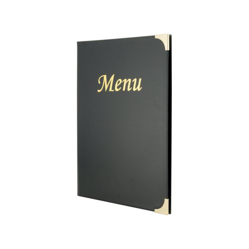 Back to basics with the Securit A4 Basic Menu Book Cover in black. This black leather style menu cover with a gold "Menu" print, features metal corner protectors in gold and has an easy to clean surface. The menu holder includes 4 non-removable inserts for eight A4 pages and two cover pockets. Complete the look with the matching Securit Basic Wine Card or Securit Basic Bill Presenter.