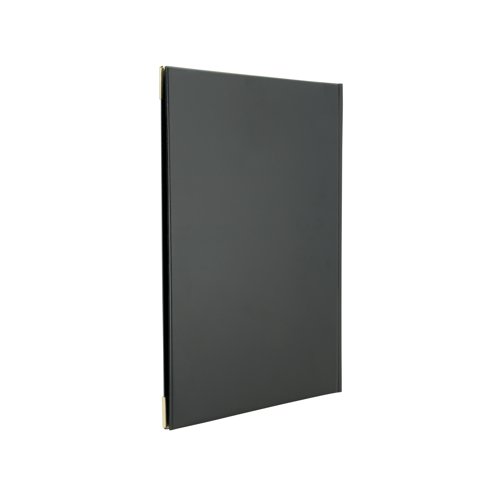 DF24905 | Back to basics with the Securit A4 Basic Menu Book Cover in black. This black leather style menu cover with a gold "Menu" print, features metal corner protectors in gold and has an easy to clean surface. The menu holder includes 4 non-removable inserts for eight A4 pages and two cover pockets. Complete the look with the matching Securit Basic Wine Card or Securit Basic Bill Presenter.