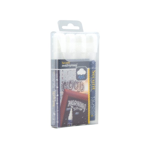 Securit Waterproof Chalk Marker Chiselled Nib 2-6mm White (Pack of 4) SMA610-V4-WT DF28144 Buy online at Office 5Star or contact us Tel 01594 810081 for assistance
