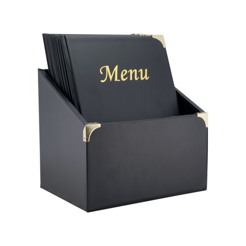DF28402 | Back to basics with the Securit A4 Basic Menu Book Cover box set. These PVC leather style menu book covers with a gold "Menu" print features metal corner protectors in gold and an easy to clean surface. It comes in a set of ten A4 menu book covers and a matching leather style box. Each menu book cover includes 4 non-removable inserts for eight A4 pages and two cover pockets.