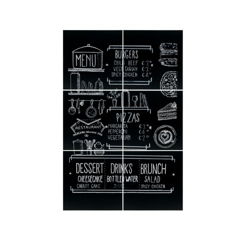 DF28523 | These versatile Securit Frameless XXL chalkboards can be arranged in any shape of your choice. This set of six square boards can be wall-mounted as one large chalkboard writing surface or individually. The chalkboards are double-sided and shock, stain and scratch resistant. They are quick to mount, thanks to the included self-adhesive pads. Take your Securit Chalk Markers and draw.