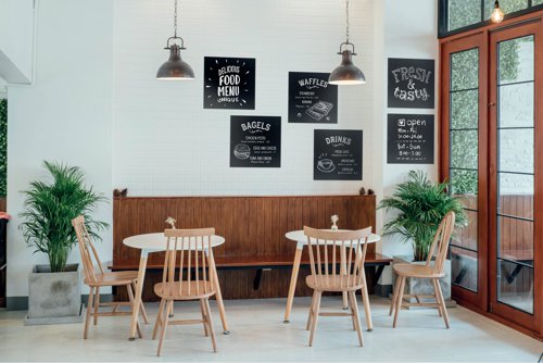 DF28523 | These versatile Securit Frameless XXL chalkboards can be arranged in any shape of your choice. This set of six square boards can be wall-mounted as one large chalkboard writing surface or individually. The chalkboards are double-sided and shock, stain and scratch resistant. They are quick to mount, thanks to the included self-adhesive pads. Take your Securit Chalk Markers and draw.