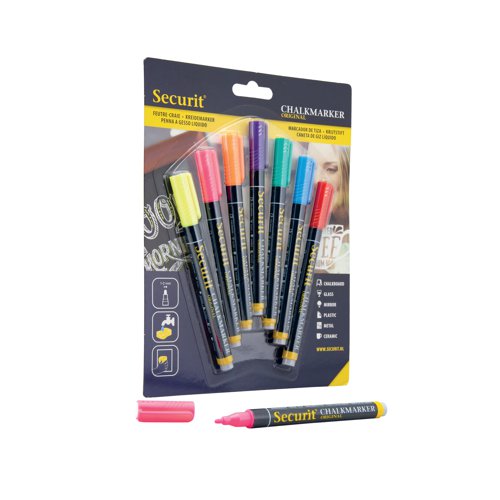 Securit Liquid Chalk Marker 1-2mm Nib Assorted (Pack of 7) BL-SMA100-V7-AS DF49272 Buy online at Office 5Star or contact us Tel 01594 810081 for assistance
