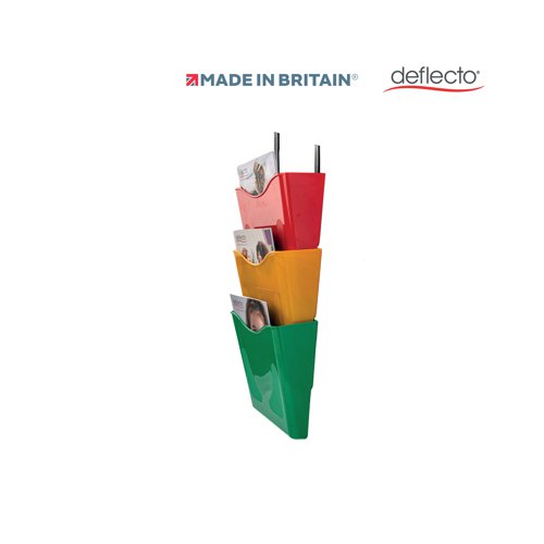 This Deflecto, set of 3, wall pockets is made from sturdy polypropylene in a sleek, clear finish. Perfect for colour-coding contents, the bright coloured pockets are supplied in red, yellow and green and come complete with wall fixings. Ideal for busy professionals, students, teachers or homeworkers, the portrait wall pockets are suitable for displaying or storing documentation, keeping desks clear and files nearby.