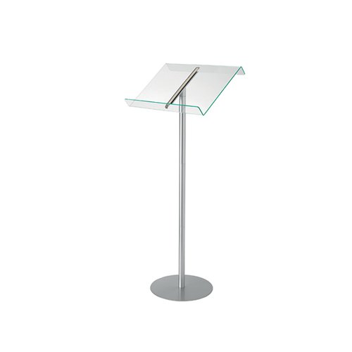Ideal for presentations and public speaking, or for displaying catalogues, brochures and more, this Deflecto lectern comprises a sturdy aluminium frame with an attractive, glass effect acrylic top. The lectern is freestanding on a circular base and easily portable for versatile use. The lectern measures W500 x D355 x H1140mm.