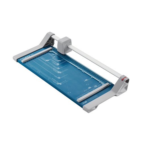 This Dahle Personal Rolling Trimmer features a self-sharpening blade that cuts in both directions and an automatic clamping system, which keeps pages secure when cutting. The sturdy metal base features printed guidelines for easy, accurate use. This A4 trimmer has a cutting length of 317mm and a capacity of up to 7 sheets.