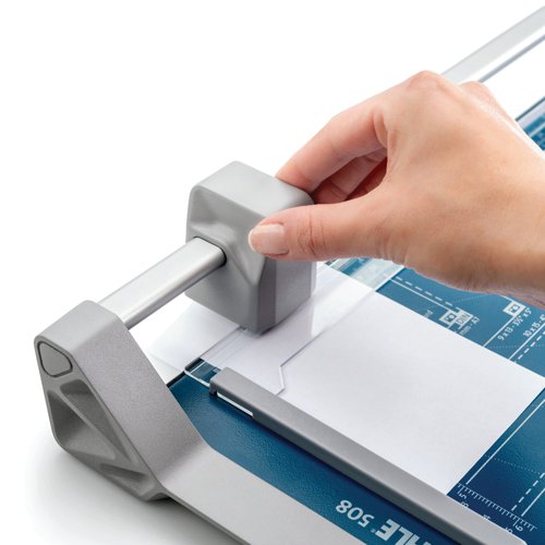 This Dahle Personal Rolling Trimmer features a self-sharpening blade that cuts in both directions and an automatic clamping system, which keeps pages secure when cutting. The sturdy metal base features printed guidelines for easy, accurate use. This A3 trimmer has a cutting length of 457mm and a capacity of up to 7 sheets.