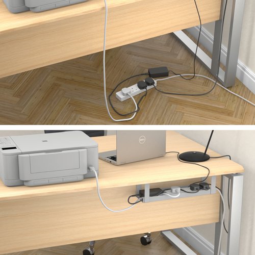 The D-Line Cable Tidy Tray is perfect for use in commercial or home offices. The cable tidy organises extension blocks and cable clutter. Reclaims wasted desk and floor space. The robust steel construction is supplied with a hook and loop band. It is easy to assemble in seconds.