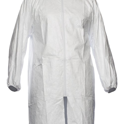 The DuPont Tyvek 500 lab coat is specially designed for use with Tyvek apparel, offering enhanced protection for body parts that are more exposed to hazardous substances. Applications include: Pharmaceutical handling, chemical protection, lead and asbestos abatement/remediation, general maintenance/operations, spray painting and general clean-up, amongst many others. Conforming to PPE Category I and Antistatic treatment (EN 1149-5), the Tyvek 500 lab coat features stitched internal seams, tunnelled elasticated cuffs, two pockets and zipped closure.