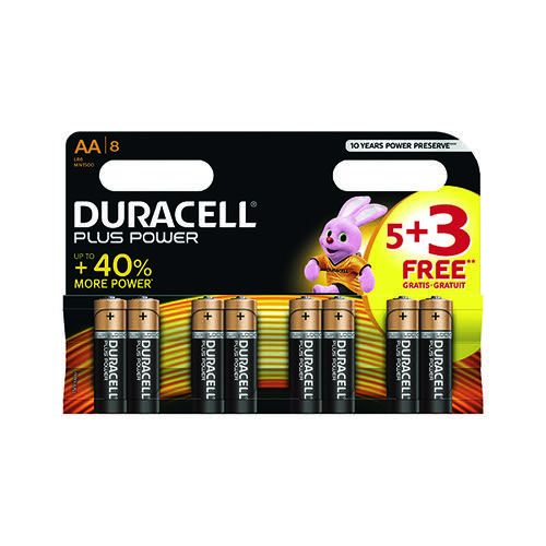 Duracell 1.5V AA Alkaline Battery (Pack of 8) Plus Power AA 5+3