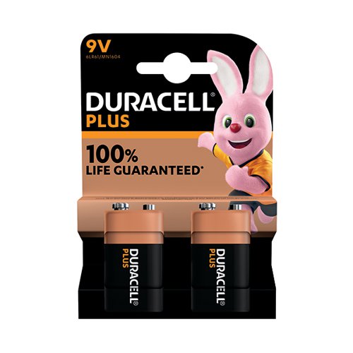 Duracell Plus 9V Battery Alkaline 100% Life (Pack of 2) 5011416
