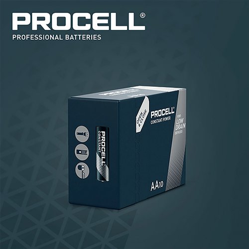 These Duracell Procell Constant AA Batteries provide reliable power performance and can operate in temperatures ranging from -20 to 54 degrees Celsius. The batteries are ideal for torches, clocks, remote controls, wireless mouse and keyboards as wells as other everyday applications. The batteries offer excellent resistance to corrosion. Designed to meet all major quality, safety and environmental standards. This pack contains 10 batteries.