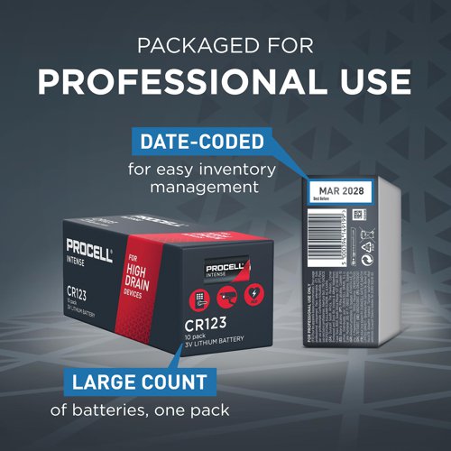 The Procell Lithium Intense Power CR123 industrial batteries are designed to provide reliable and safe power in professional equipment. Design, safety, manufacture and qualification follow Procell's stringent battery standards, which conform to ANSI and IEC standard requirements. Packed inexpensively. Child-proof packaging: anti-counterfeiting packaging with double blister so that it cannot be opened by children without scissors. Operating temperatures from -20 to 60 degrees Celsius.