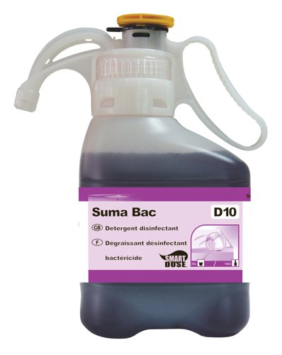 DV09790 | This high quality surface detergent and disinfectant is part of the Diversey SmartDose range; a system that provides a correct dose of cleaner with every use, saving you time and money. The Suma Bac D10 is a heavy duty disinfectant suitable for kitchens and food surfaces. Containing two 1.4 litre bottles in each purchase, this cleaner provides a cost-effective solution for all your cleaning needs.