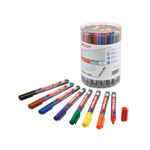 These Edding 361 Drywipe Markers can be used on most non-porous surfaces including enamel, glass and melamine. The low odour ink is quick drying, light resistant and wipes clean easily. The marker can also be left uncapped for up to 3 days without drying out. The fine bullet tip writes a 1.0mm line width. This pack contains 50 markers in assorted colours.