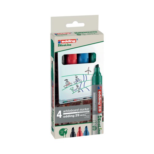 The Edding 29 EcoLine whiteboard marker for writing on whiteboards. Ink is wipable from virtually all non-porous surfaces such as enamel and melmine. Chisel nib with a stroke width of 1.0-5.0mm. Lightfast and quick-drying ink. Can be left with the cap off for several days without the product drying out. Cap can be stored on the end of the barrel to prevent losing it. Eco-friendly product, with at least 90% of the plastic used is made from recycled material, 83% is post-consumer. Refillable. This pack contains 4 assorted colours.